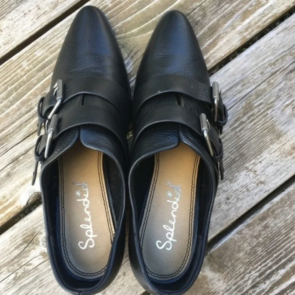 Anthropologie Splendid Carla Buckle Point Toe Black Leather Booties 8.5 NWOB